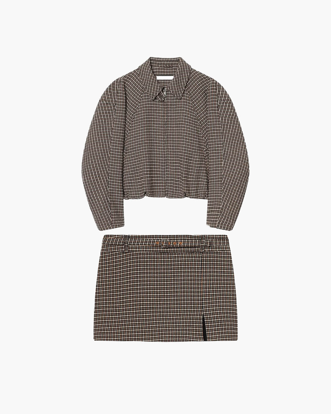 Agnes Houndstooth Zip Jacket & Skirt Set in brown houndstooth – product shot
