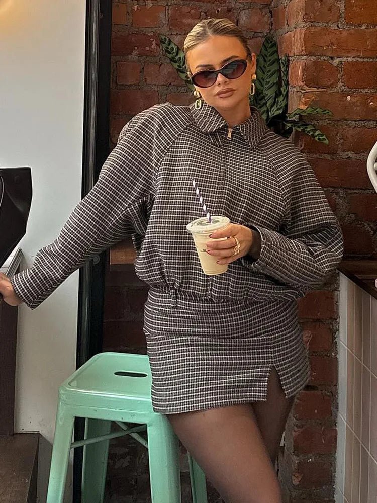 Agnes Houndstooth Zip Jacket & Skirt Set in brown houndstooth – styled look
