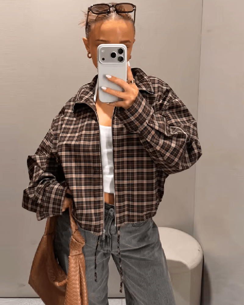 Dagny Check High-Collar Zip Coat in brown check – styled look