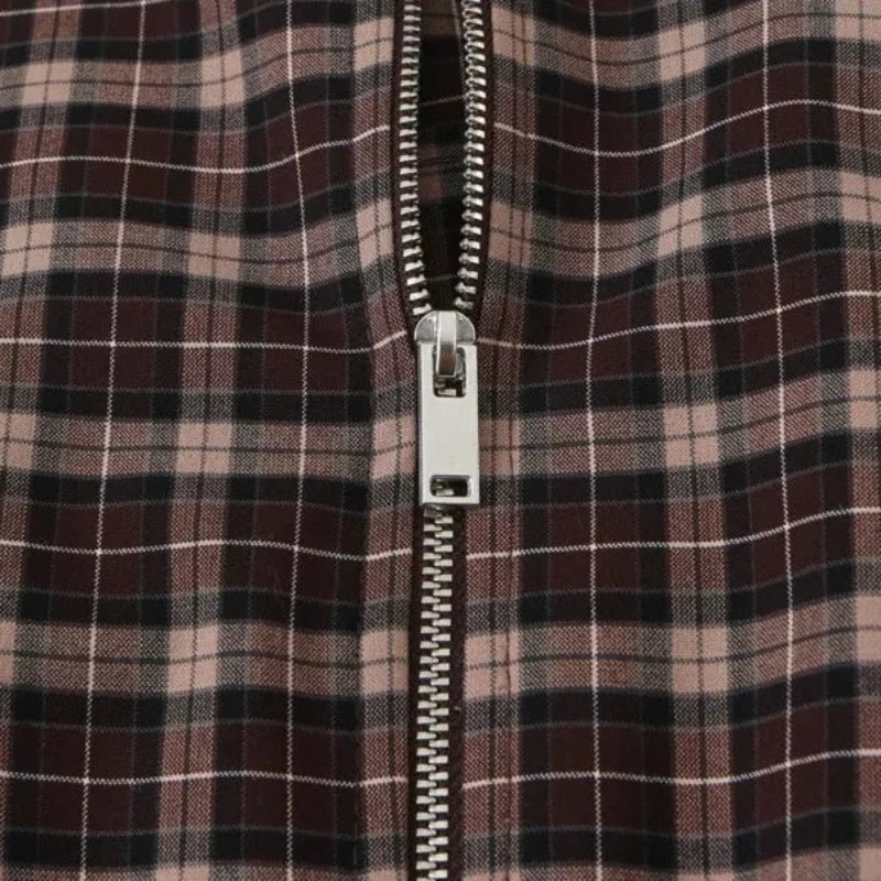 Dagny Check High-Collar Zip Coat in brown check – detail