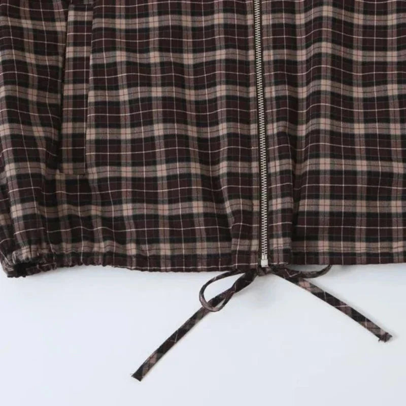 Dagny Check High-Collar Zip Coat in brown check – detail