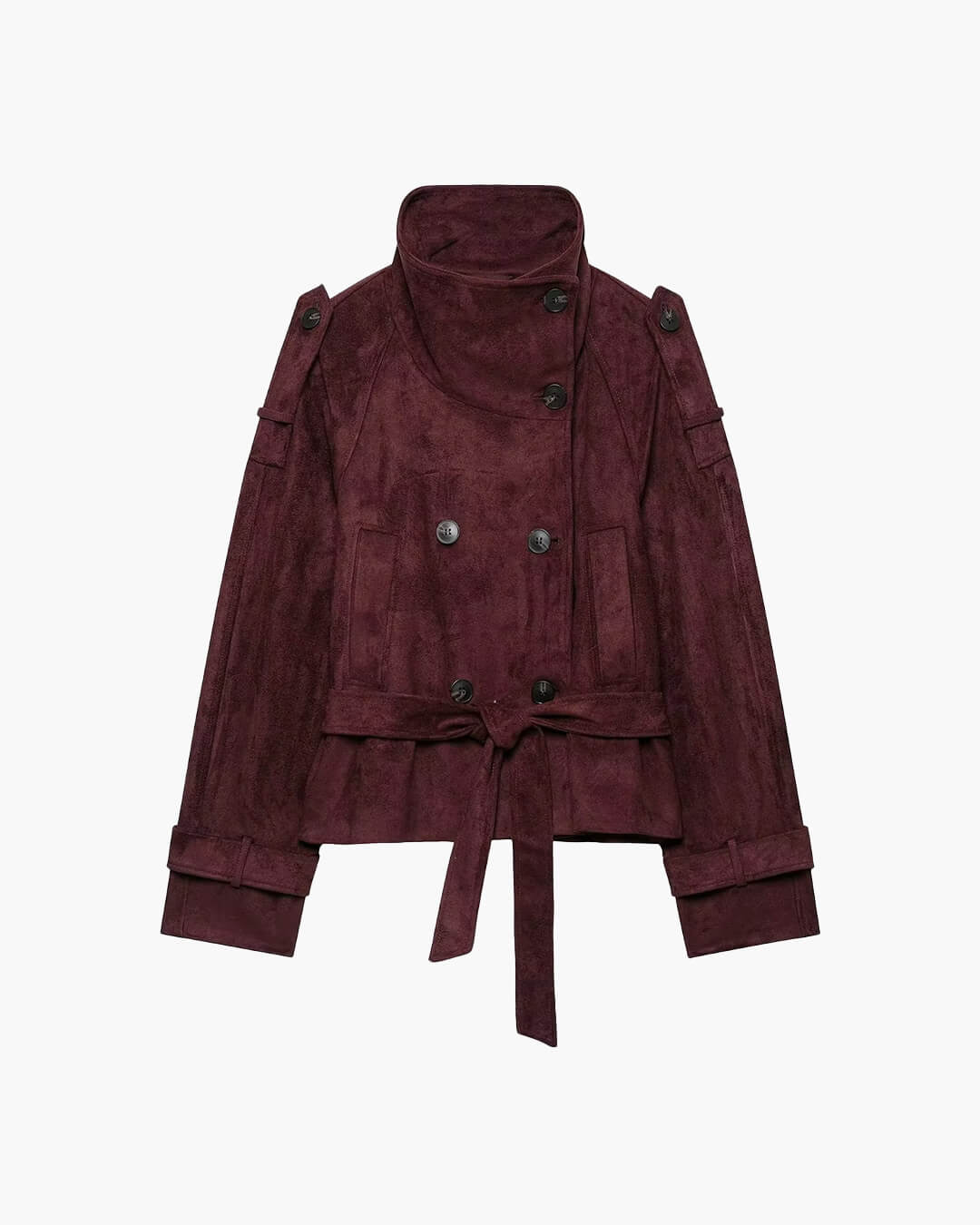 Ines Funnel-Neck Belted Faux Suede Jacket in burgundy – product shot