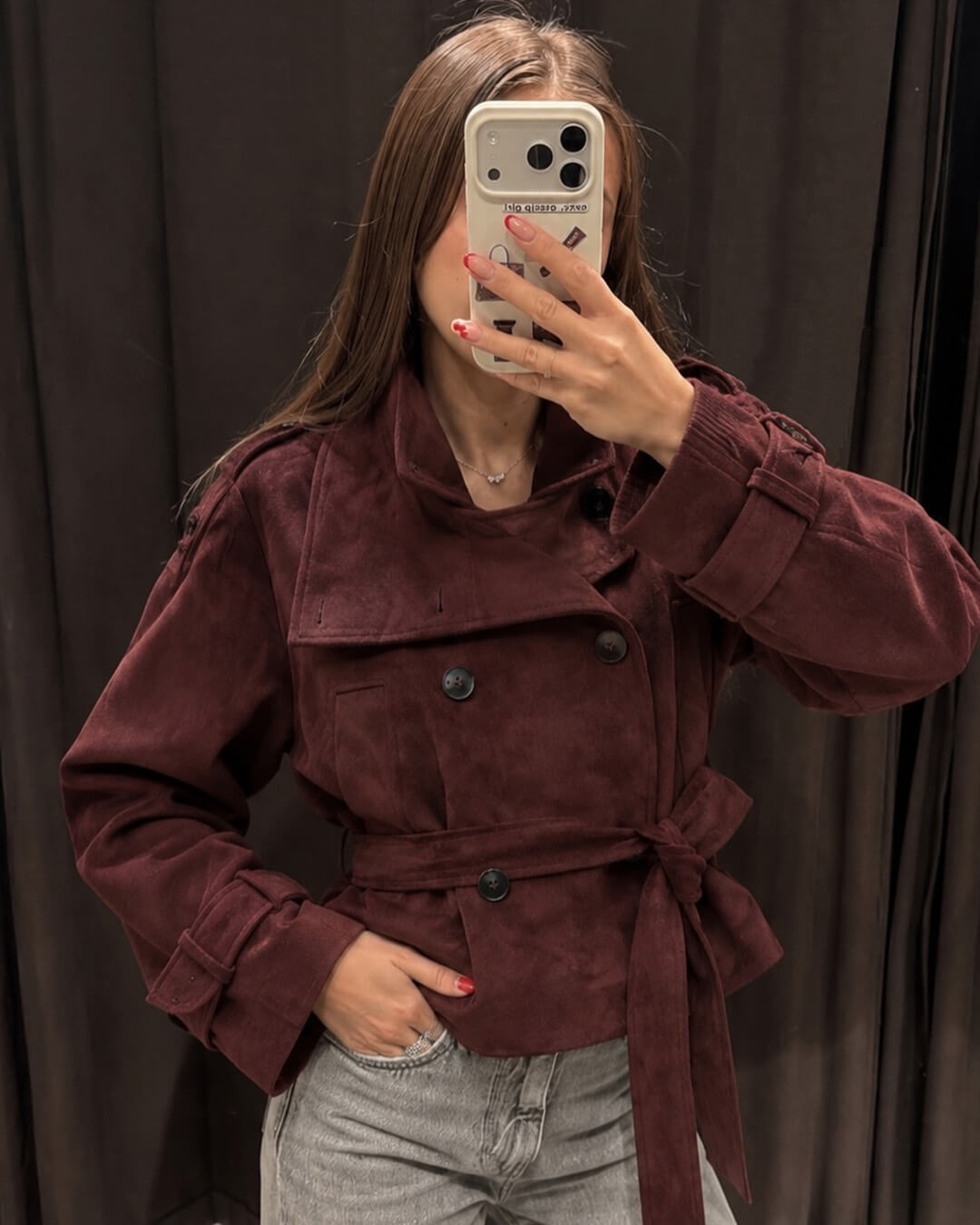 Ines Funnel-Neck Belted Faux Suede Jacket in burgundy – styled look