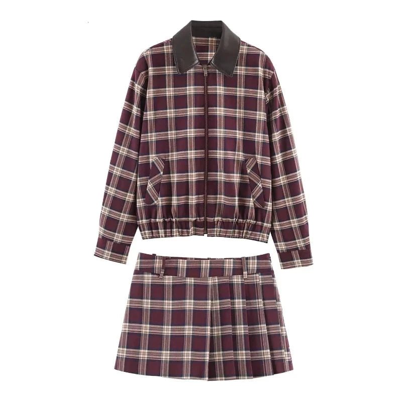 Josefine Check Bomber & Skort Co-ord in burgundy check – product shot