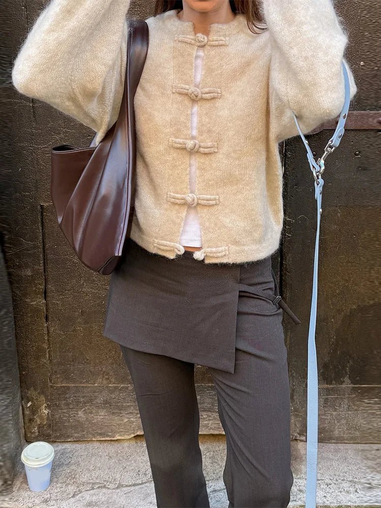 Linnea Frog-Button Knit Cardigan in beige – styled look