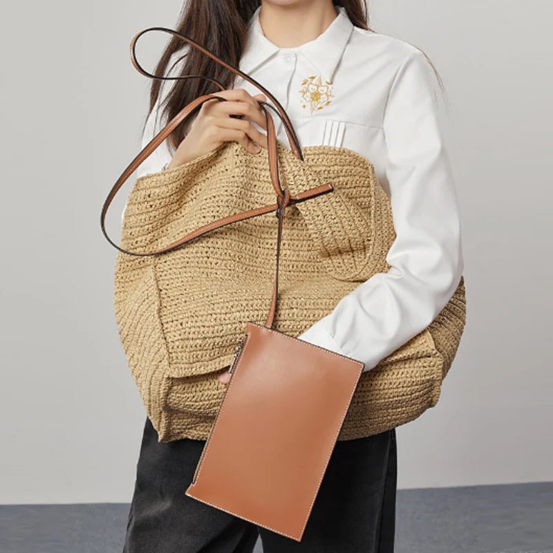 Aimee Handwoven Straw Tote Bag in Dark Brown, front view