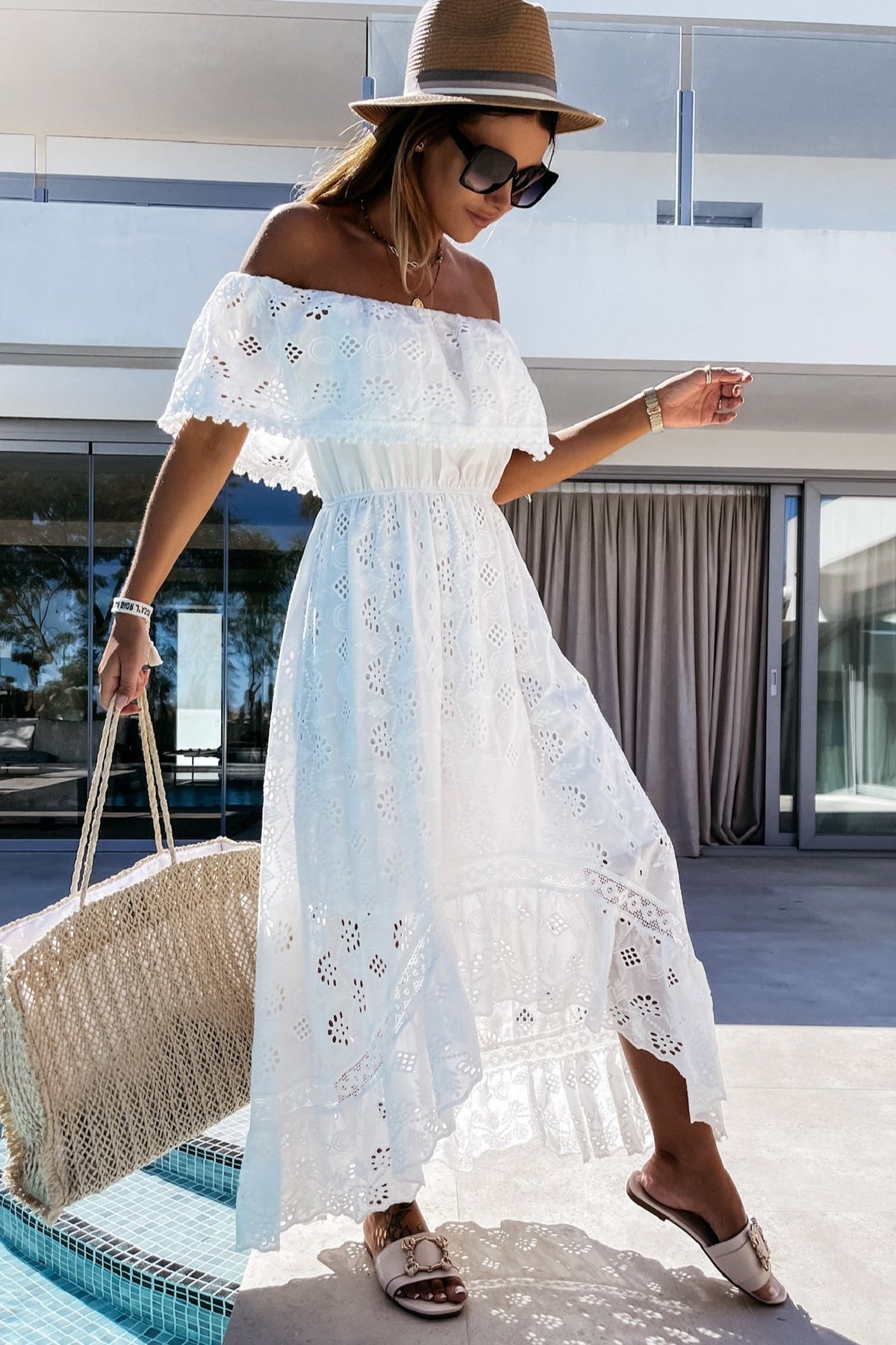 Aurore boho-maxikjole med bare skuldre