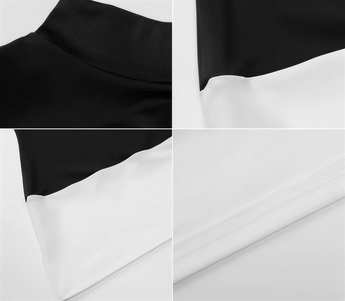 Close-up of mock neck collar, colourblock seam and hem stitching