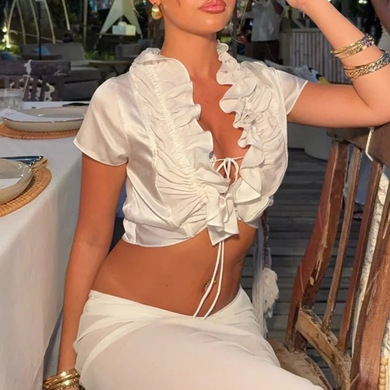 Bianca cropped tanktop med flæser og snøredetalje