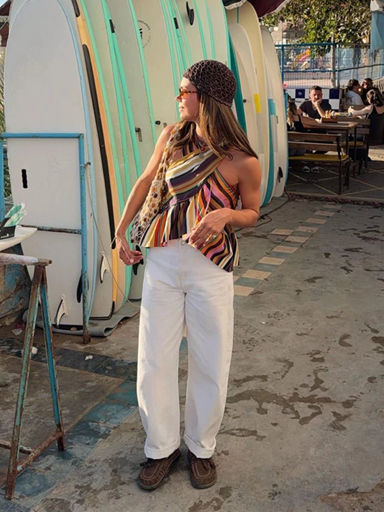 Briana stribet halterneck-top