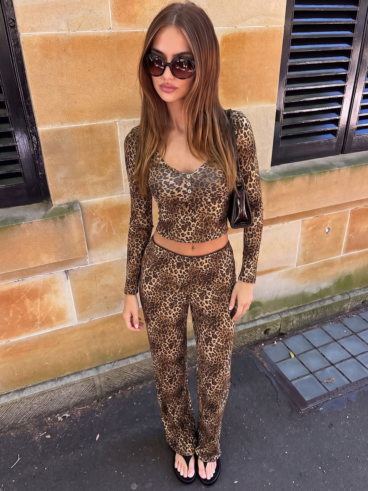 Jade-sæt med top og bukser i leopardprint