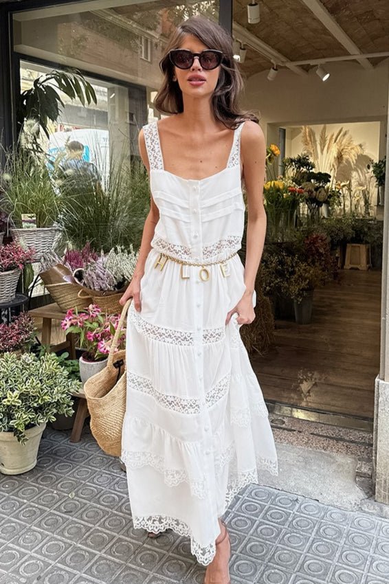 Celeste boho-maxikjole med blondepatchwork og flæser