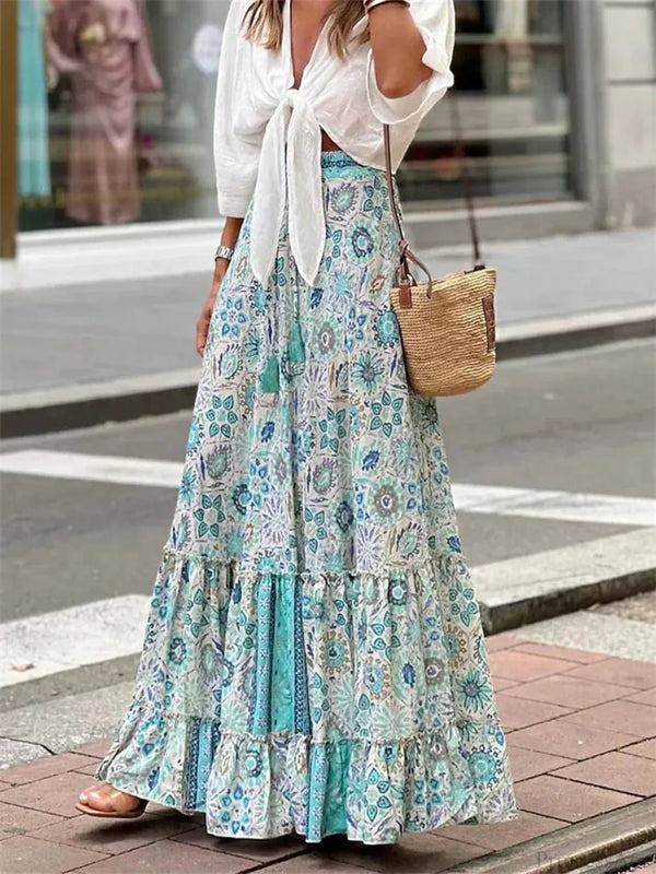 Celeste flagrende boho-nederdel med print og flæsekant