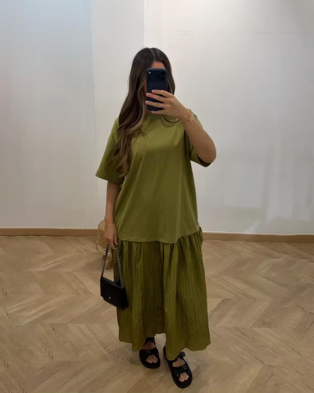 Celeste Pleated Patchwork Midi Dress