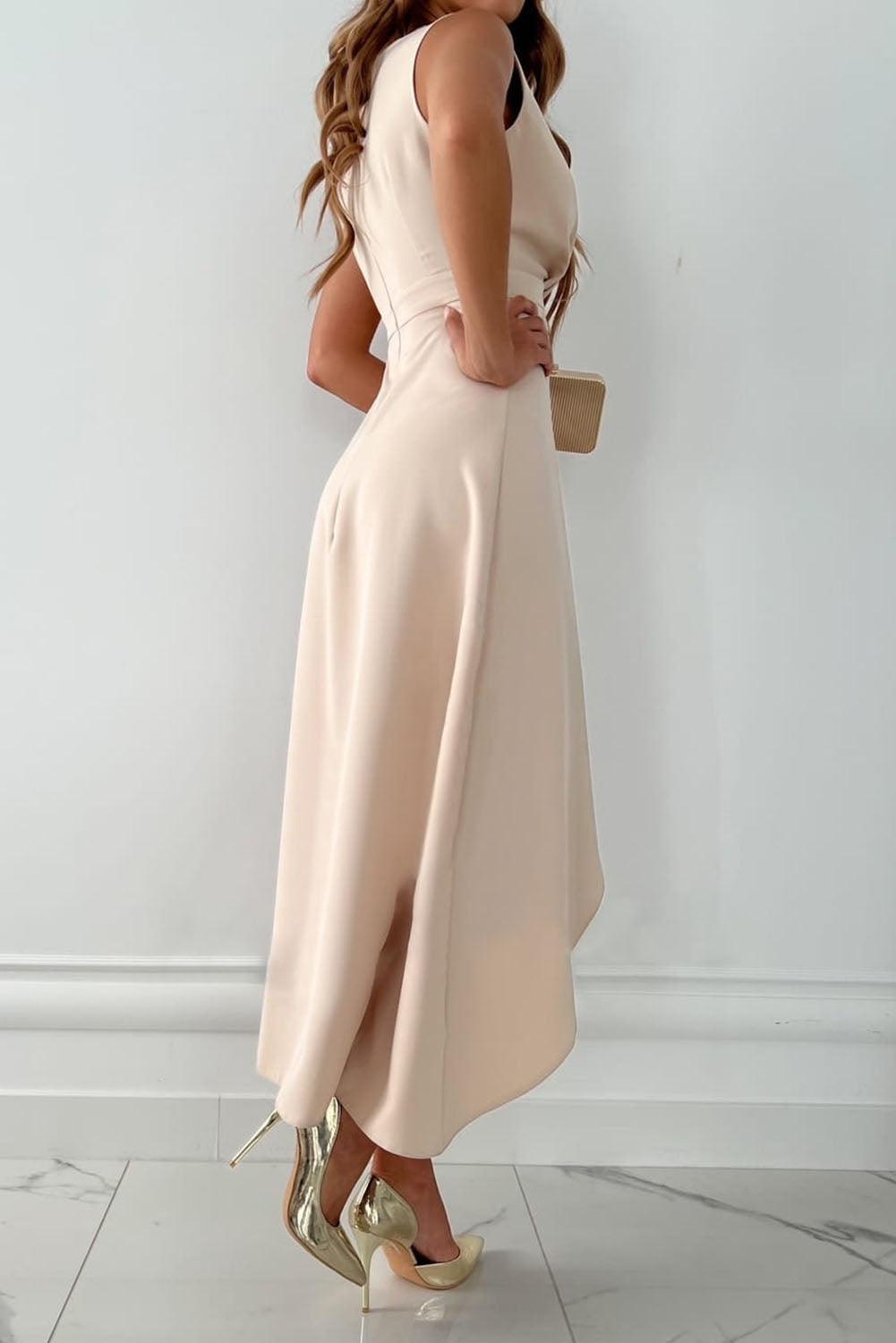 Celeste V-Neck Asymmetrical Hem Midi Dress