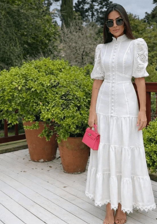 Isabelle Eyelet Lace Puff Sleeves Midi Dress