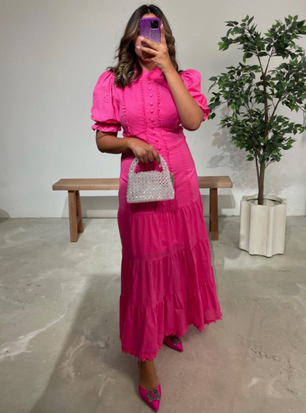 Isabelle Eyelet Lace Puff Sleeves Midi Dress