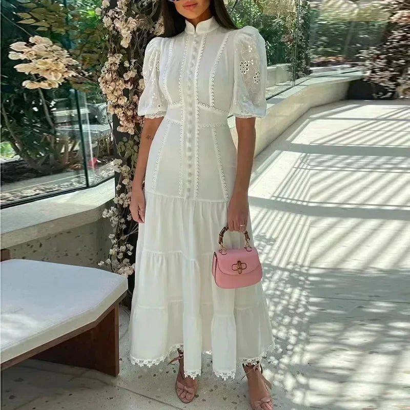 Isabelle Eyelet Lace Puff Sleeves Midi Dress