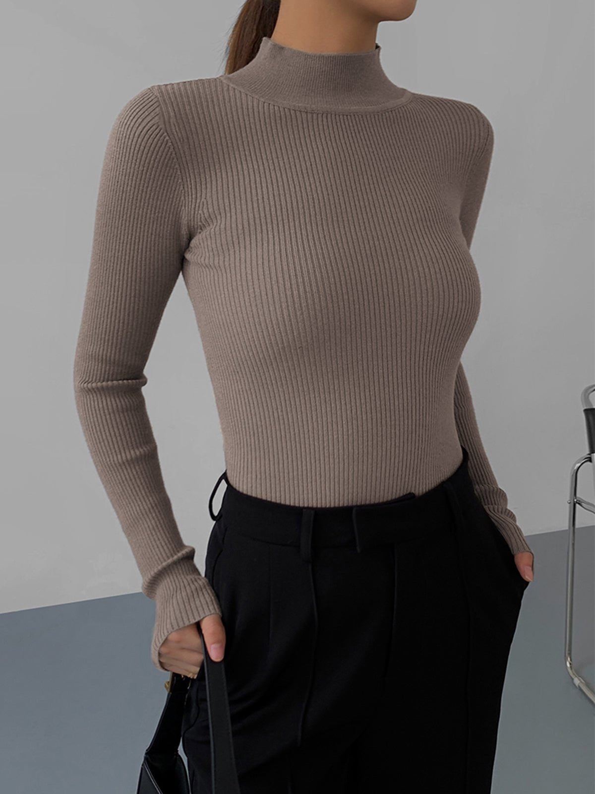Jessa ribstrikket bluse med lange ærmer
