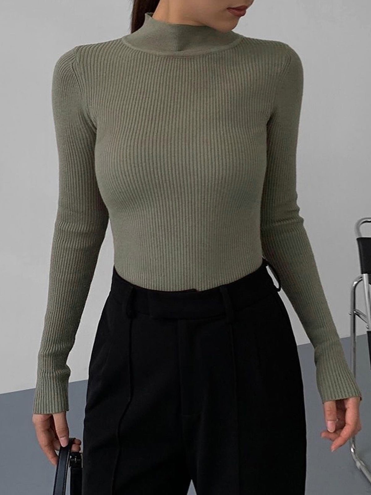 Jessa ribstrikket bluse med lange ærmer