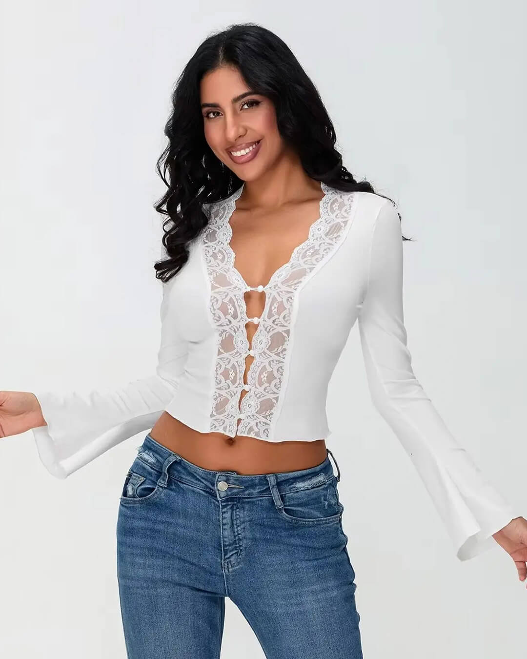 Julia langærmet bluse med blondekant