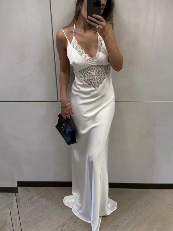 Lace V-Neck Lace-Up Maxi Dress