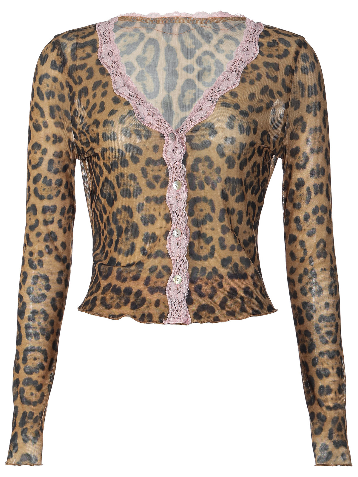 Jolene-cardigantop i leopardprint med blondekant