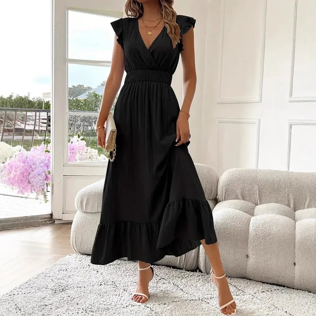 Livia Black V-Neck Ruffle Swing Dress