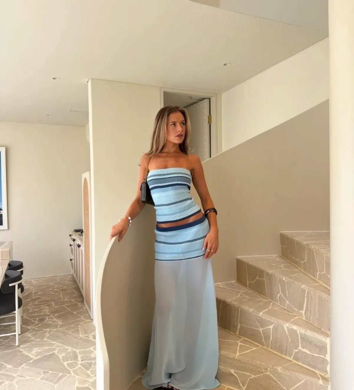 Miriam Striped Bandeau Top Sheer Skirt Set