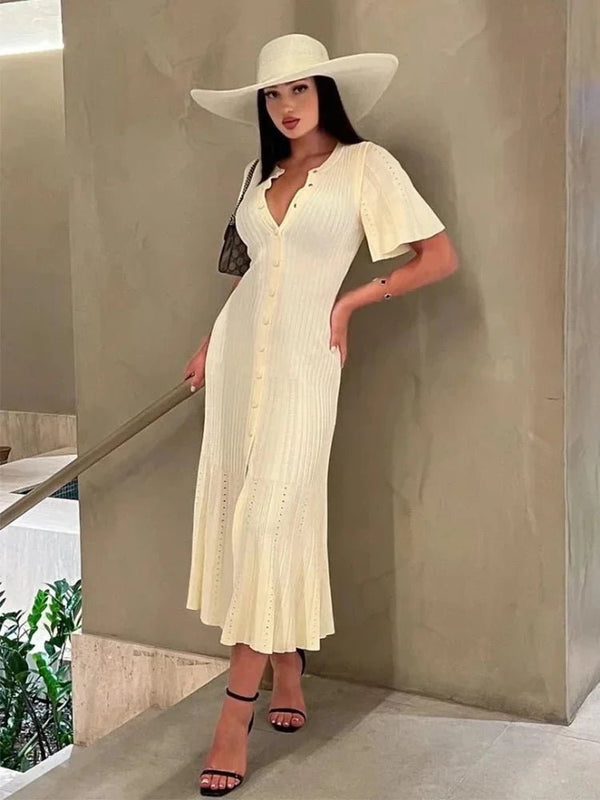 Bianca Bell Sleeve Pleated Knit Midi Dress