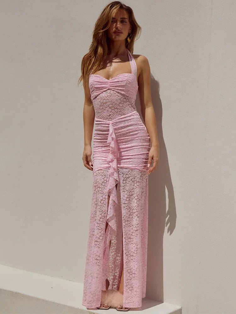 Selene blonde-maxikjole med draperet halterneck