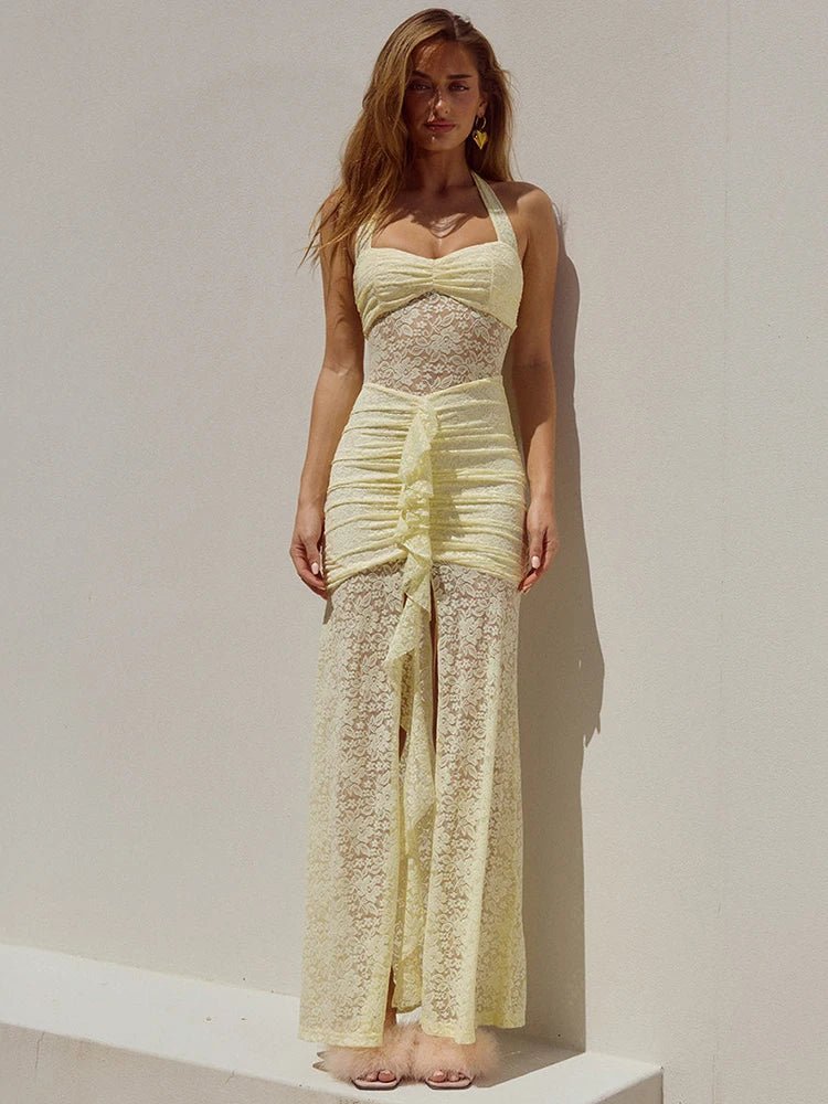 Selene blonde-maxikjole med draperet halterneck