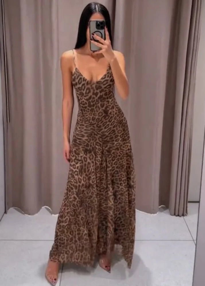 Sienna maxi-kjole med leopardprint og stropper