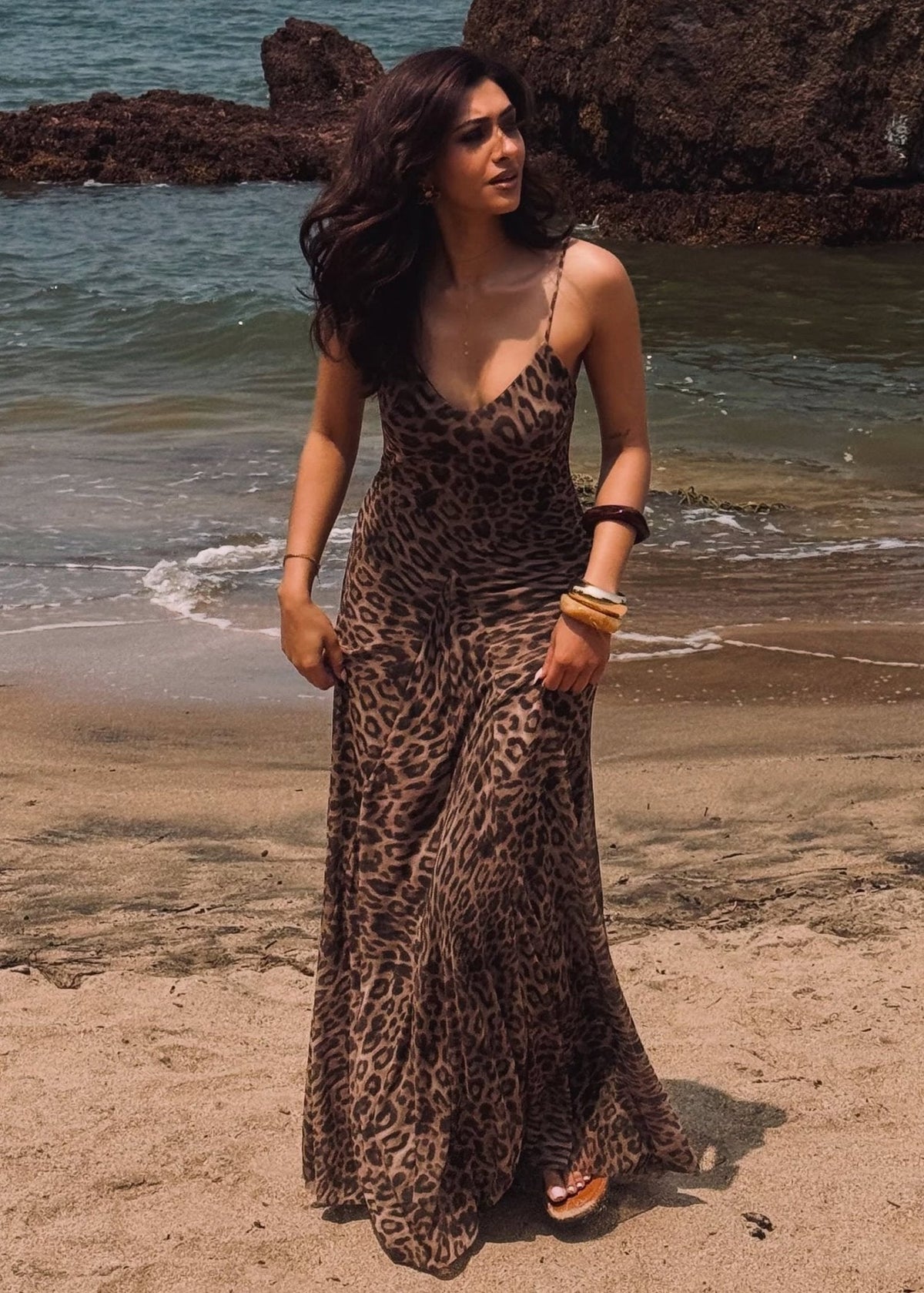Sienna maxi-kjole med leopardprint og stropper