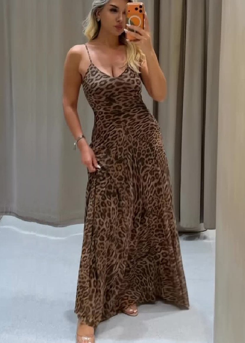 Sienna maxi-kjole med leopardprint og stropper