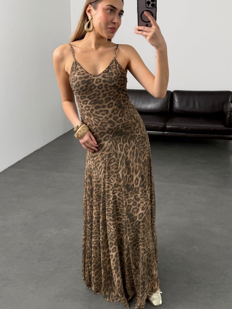 Sienna maxi-kjole med leopardprint og stropper