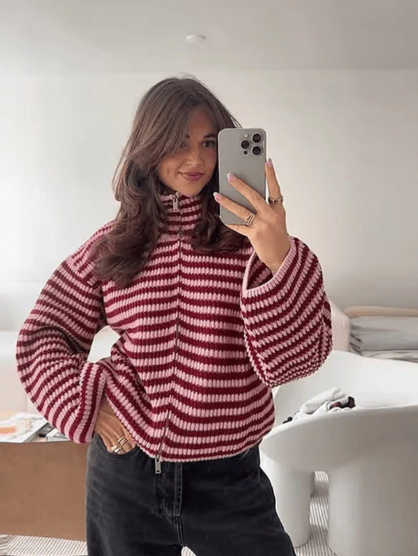 Simona striktrøje med lynlås