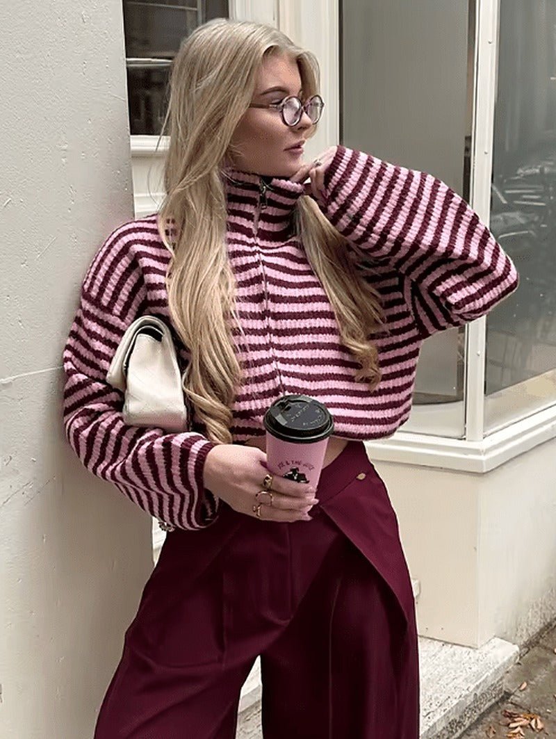 Simona striktrøje med lynlås