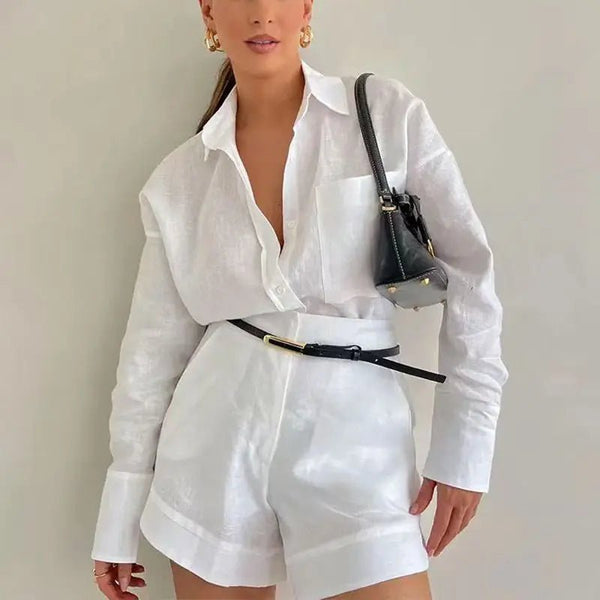 Solenn Long Sleeve High Waist Shorts Linen Set