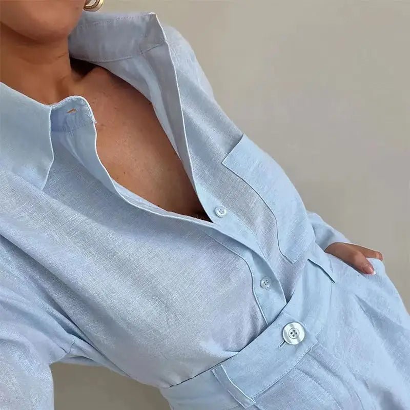 Solenn linsæt med langærmet bluse og højtaljede shorts