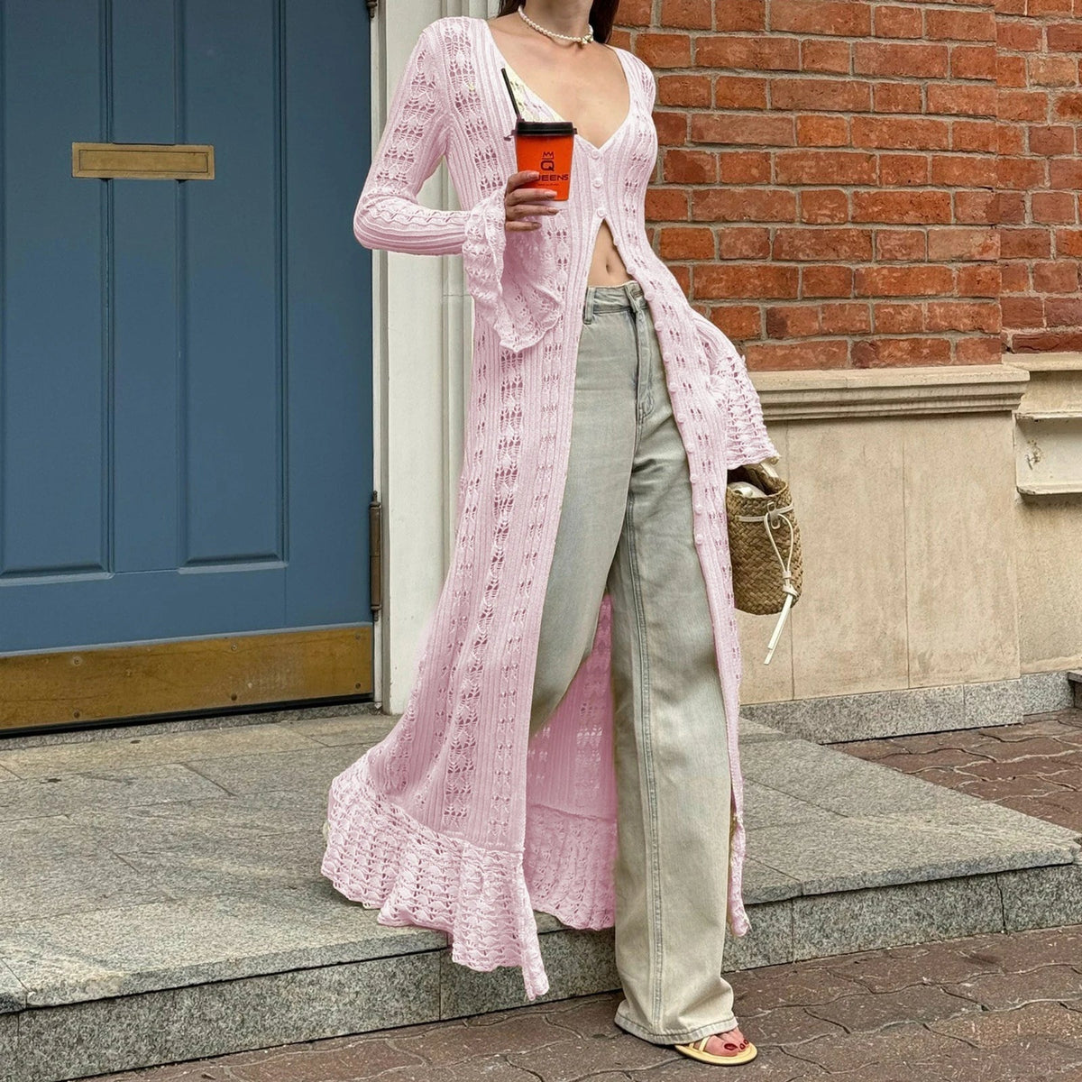 Sophia strikket cardigan-kjole med hulmønster