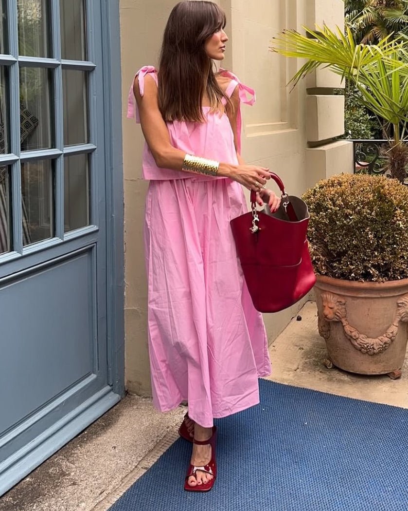 Sophia Pink Bow Tiered Midi Dress