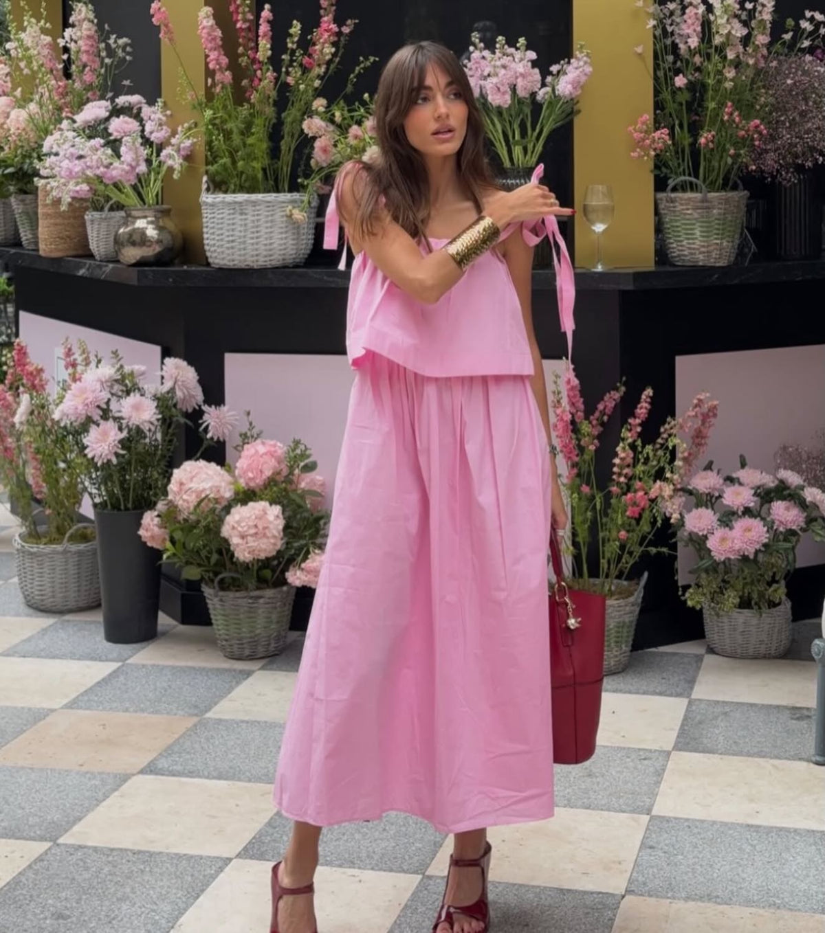Sophia Pink Bow Tiered Midi Dress