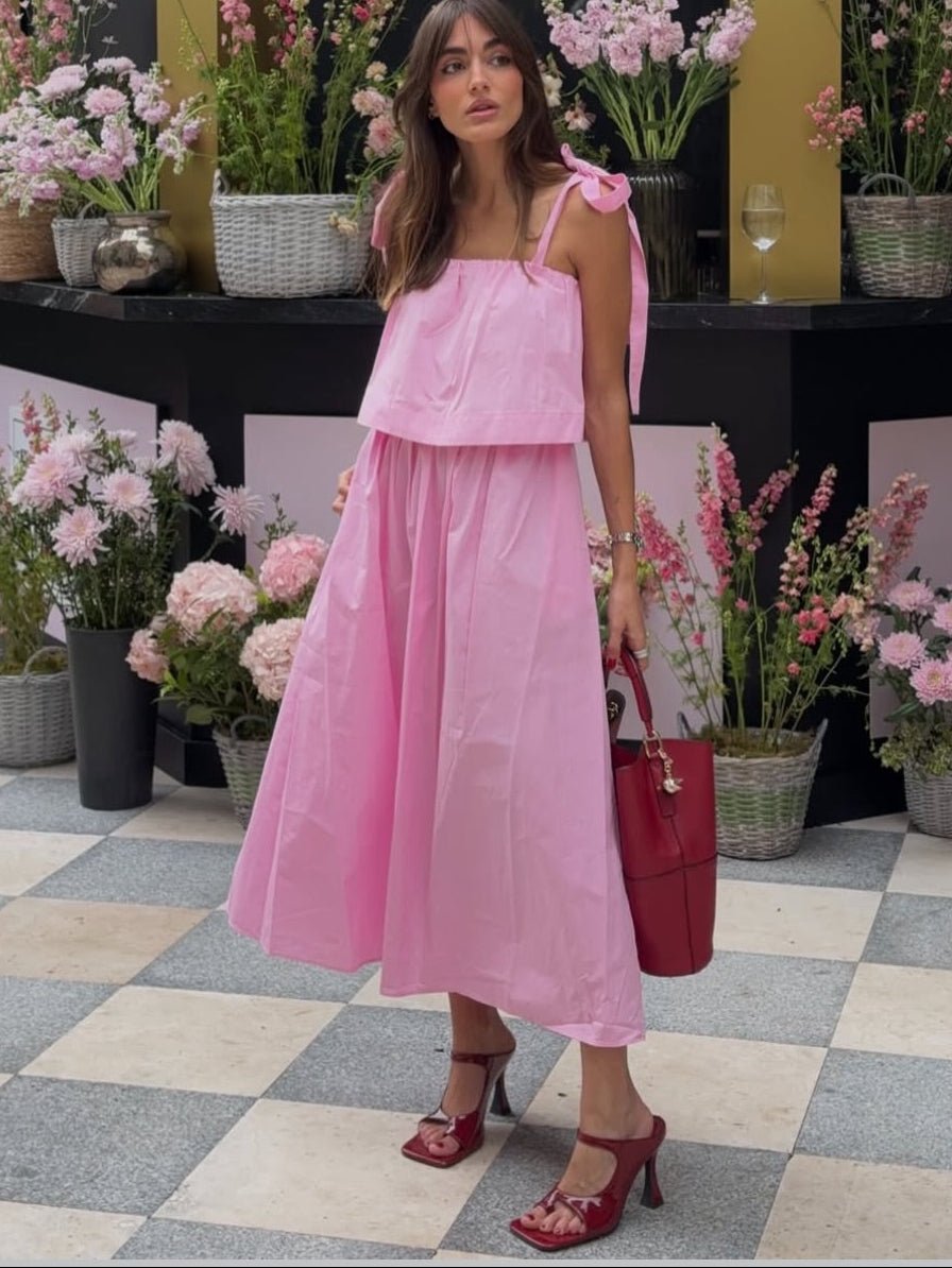 Sophia Pink Bow Tiered Midi Dress
