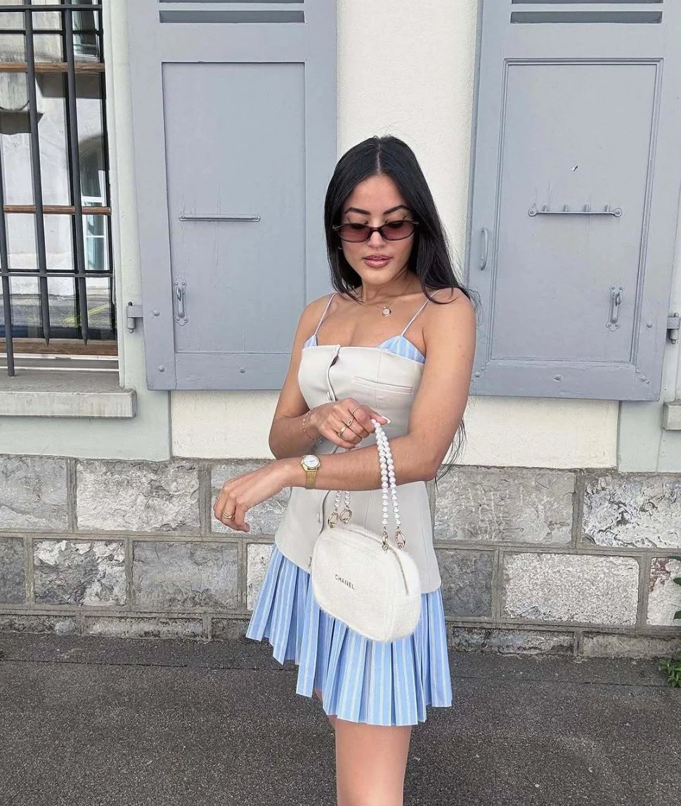 Trina stribet plisseret korsettop-minikjole