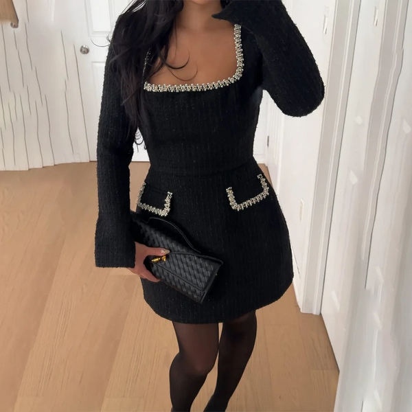 Tweed Square Neck Long Sleeve Dress