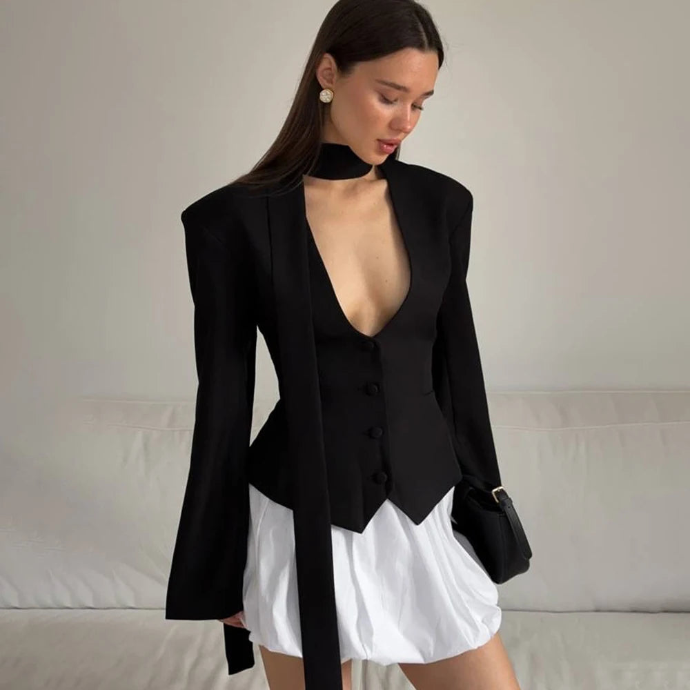 Blazer med V-hals og sløjfe