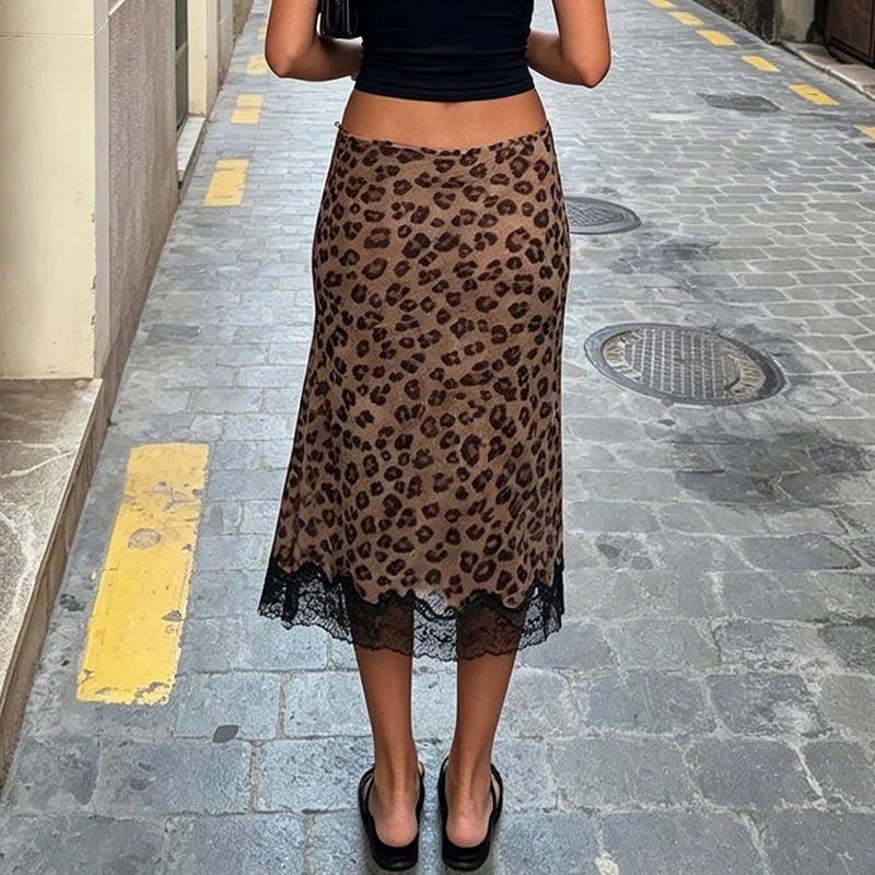 Vera leopardmønstret blondemidinederdel