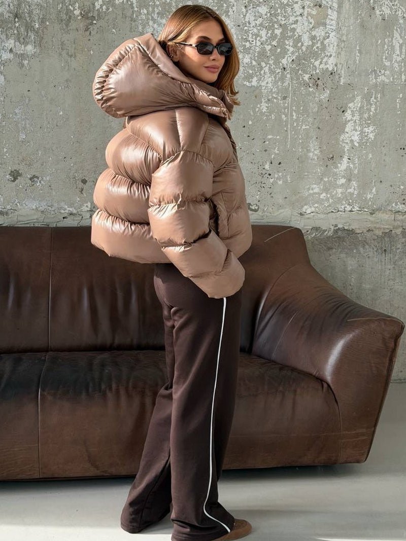 Mette Glossy Hooded Puffer Jacket in mocha brown – styled look