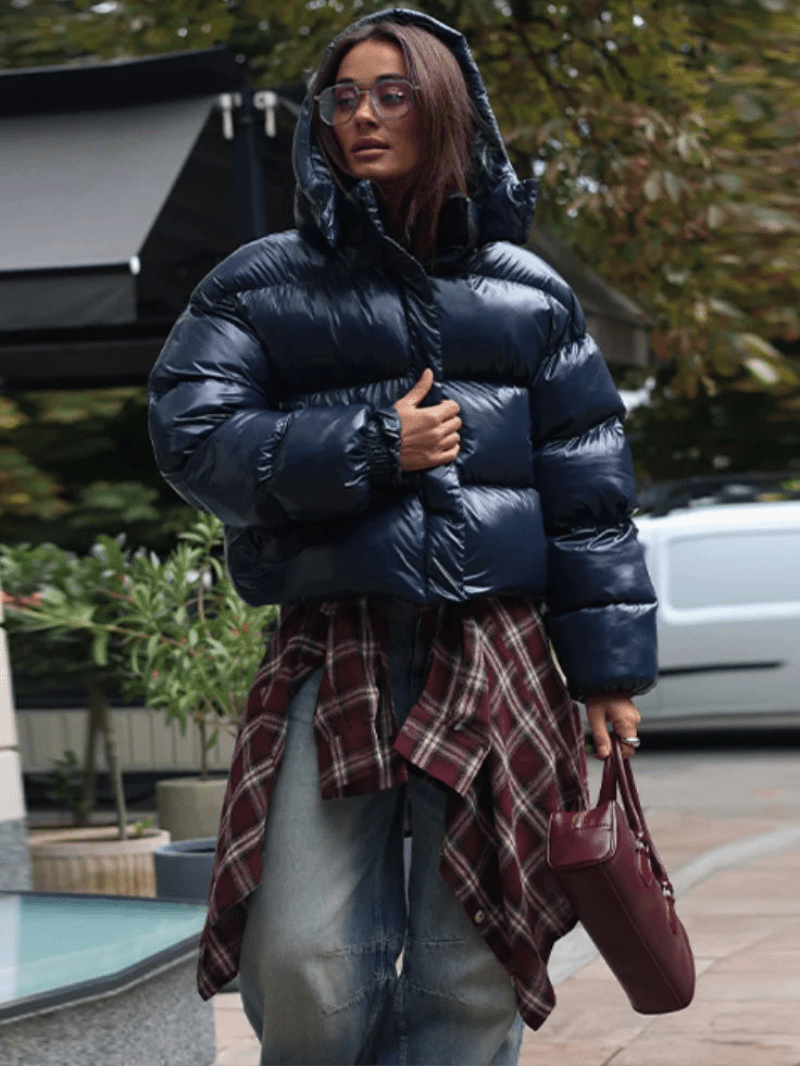 Mette Glossy Hooded Puffer Jacket in navy – styled look